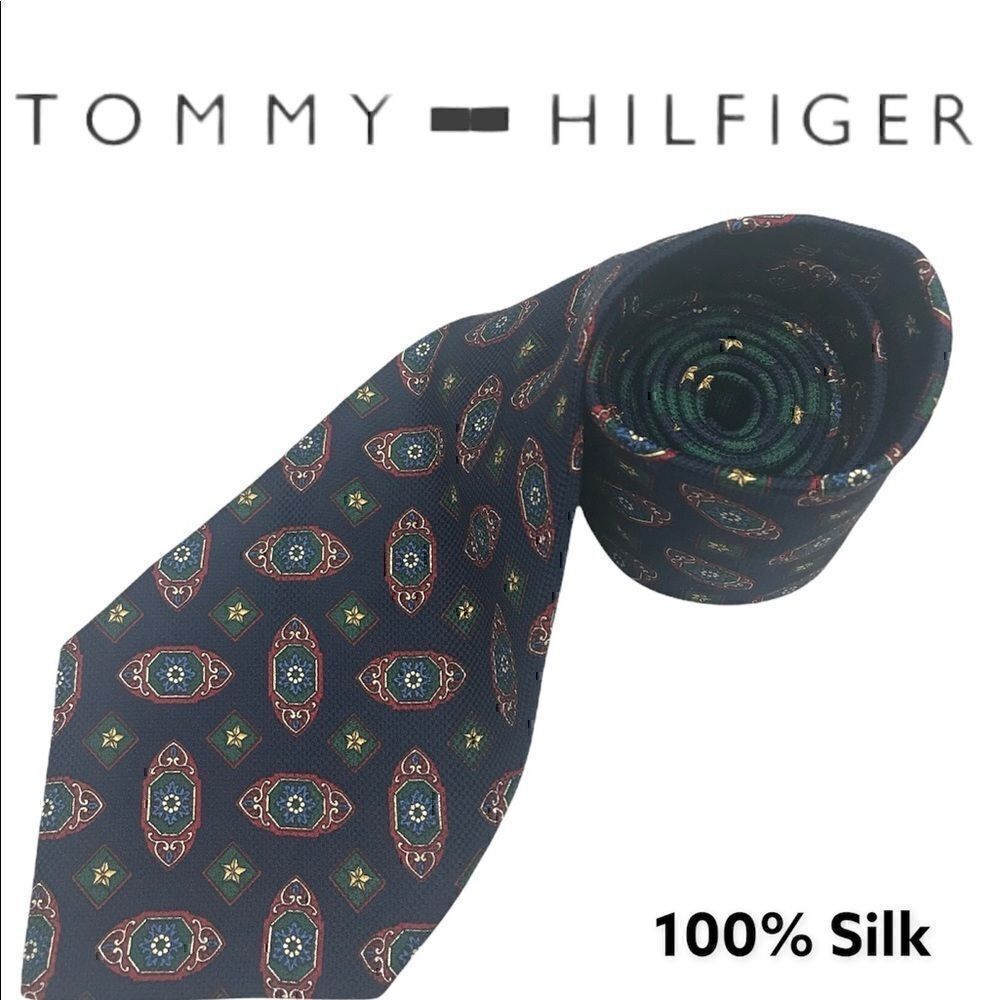 Tommy Hilfiger 100% Silk Tie, Navy Blue with Vintage Design Made in the USA